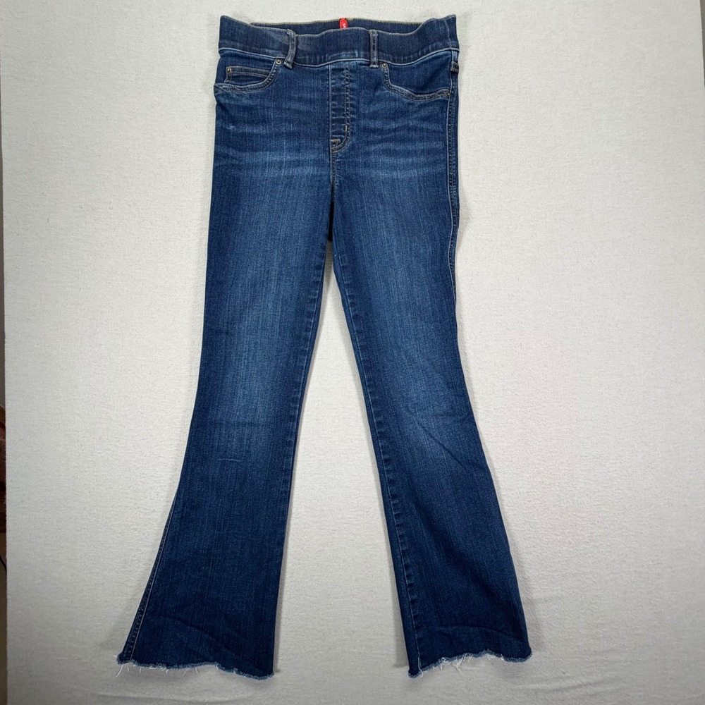 Spanx Flare Jeans Women S Blue Excellent Pull On Raw Hem Stretch Denim